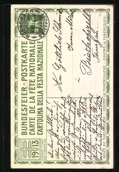 Ansichtskarten: Schweizer Bundesfeier 1913, Wehrhaftes B – Gebraucht aus Berlin von bartko-reher 1