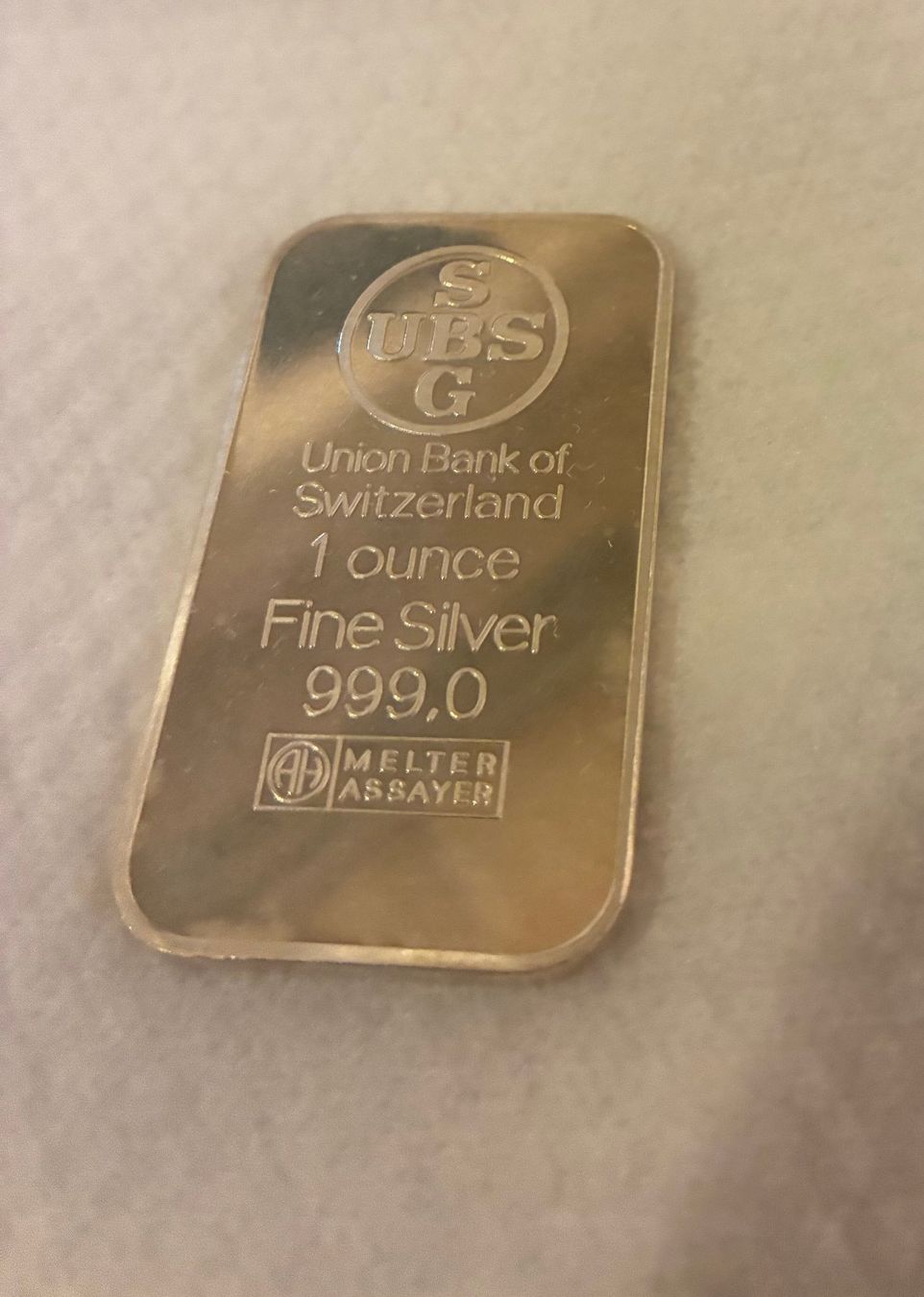 Metalli preziosi: 1 Unze Silber - Barren UBS – Usato da Baden venduto da Polystyreneman
