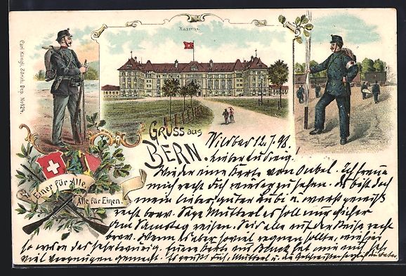 Cartoline postali: Litho Bern, Kaserne, Soldaten in Uniform – Usato da Berlin venduto da bartko-reher