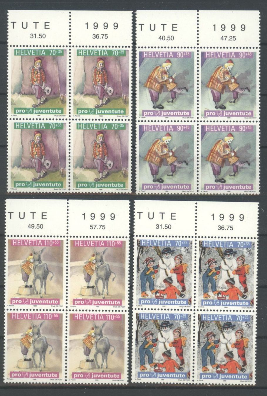 Alle Briefmarken: 1999, Pro Juventute, Viererblöcke ** – Gebraucht aus Willisau von Vollstempel