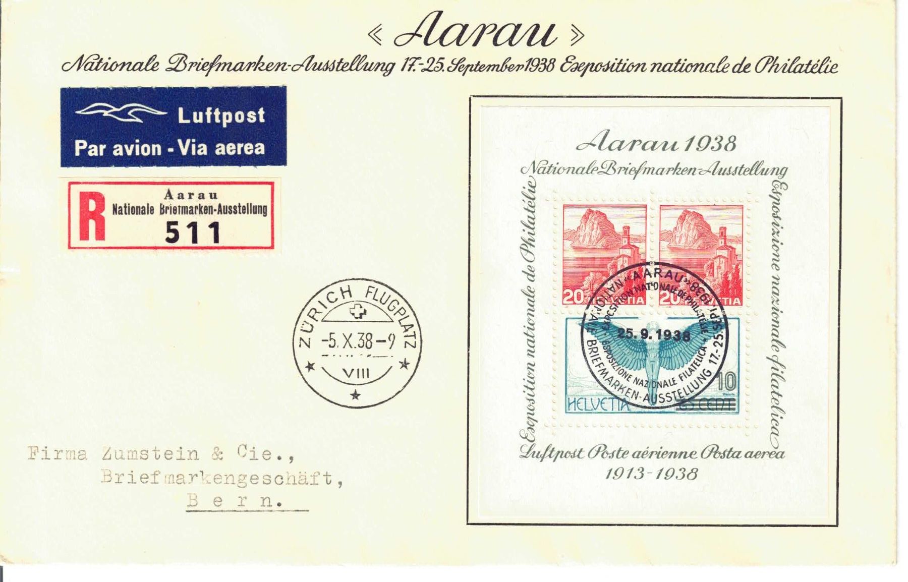 Tutti i francobolli: Block Aarau 1938, R-Brief Luftpost – Usato da Olten venduto da Pjotr8