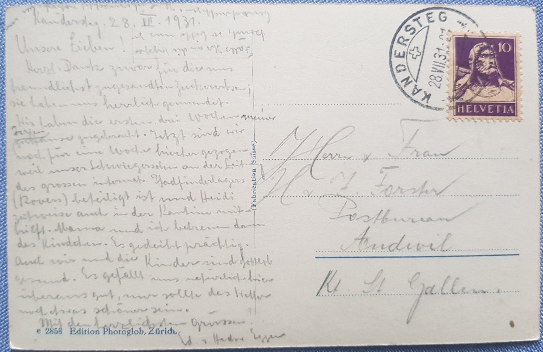 Cartoline postali: Kandersteg mit Blüemlisalp 1931 – Usato da Melchnau venduto da Fishel 1