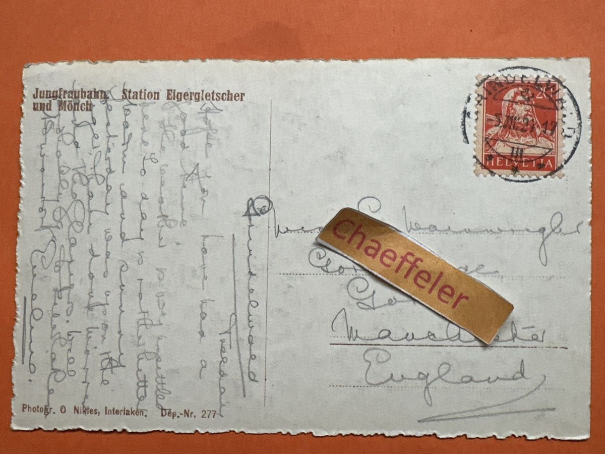 Ansichtskarten: 1921 Jungfraubahn. Station Eigergletscher und Mönch  – Gebraucht aus Zürich von Chaeffeler 1