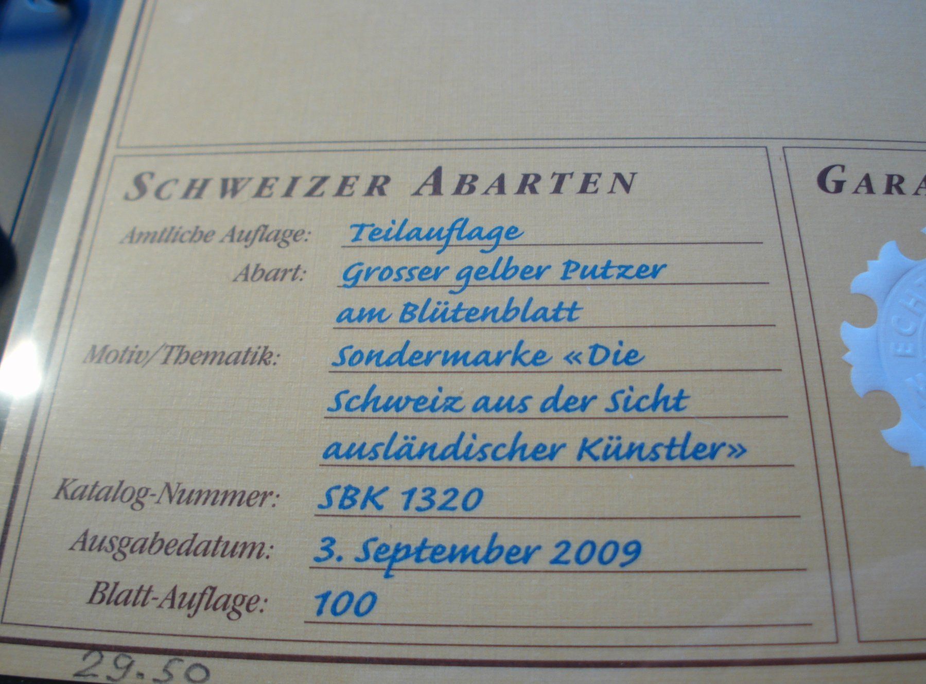 Tutti i francobolli: Abart "Schweizer Blume" 2009, **, Grosser Gelber Putzer – Usato da Niederwil AG venduto da morostahu 2