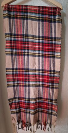 Damen Schal Karo-Muster beige rot blau Fransen weich