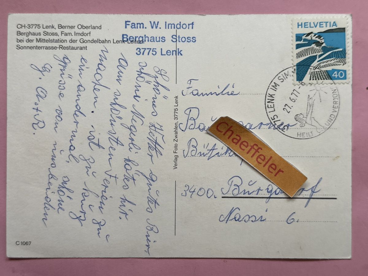 Cartoline postali: 1977 Lenk, Berghaus Stoss – Usato da Zürich venduto da Chaeffeler 1
