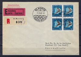 1948 Olympia Marken Viererblocks auf Brief 16044