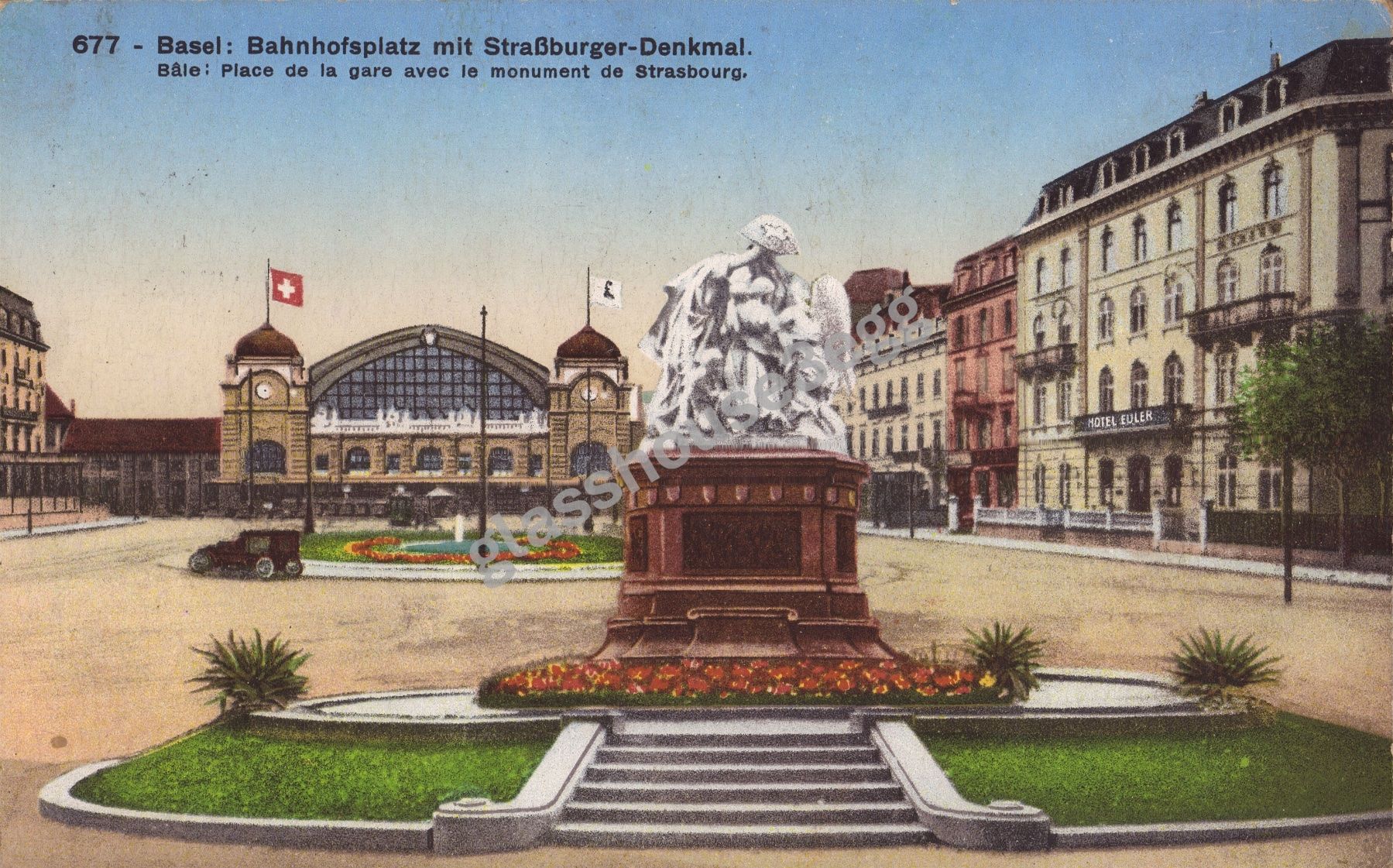 Ansichtskarten: AK 1930 Basel: Bahnhofsplatz mit Strassburger-Denkmal – Gebraucht aus Eggersriet von glasshouse3egg