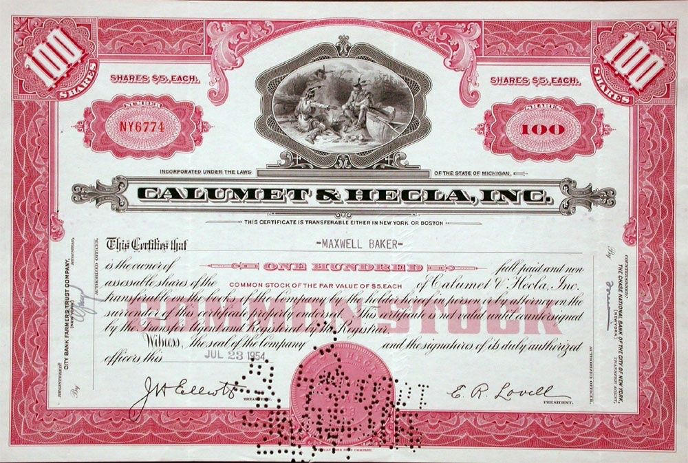 Documenti: Calumet & Hecla Inc. - 1954 – Usato da Solothurn venduto da Sgasche