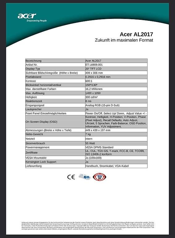 Monitore: Monitor 20" In CD TFT acer AL2017 – Gebraucht aus Goldach von Pp 2