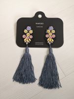 🤩MANGO OHRRINGE BLUMEN-MUSTER FARBIG & QUASTEN BLAU NEU