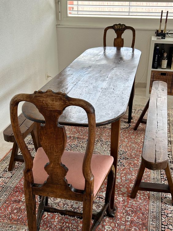 Antique kitchen table, benches, chairs gold plated details | Kaufen auf Ricardo
