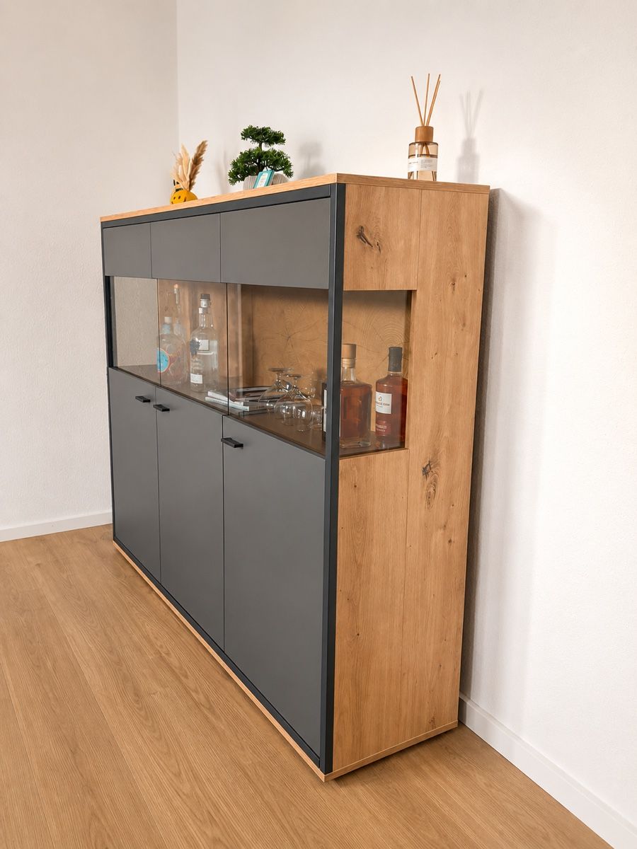 Étagères: Modernes Designer-Sideboard in Anthrazit/Eiche mit Glasfront – Neuf (Voir description) à Volketswil par Alessiagreco 2