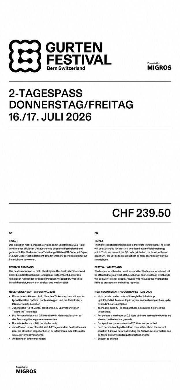 Biglietti: Gurtenfestival 2-TAGESPASS DO/F – Nuovo e nell'imballaggio originale da Bern venduto da Gfelli_