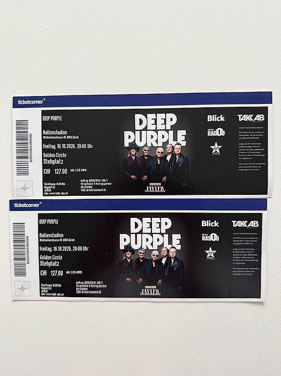 Billets: DEEP PURPLE, 16.10.  2 Tickets – Neuf (Voir description) à Zürich par Sandra-S