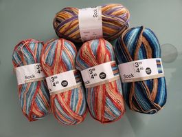5 x 100gr. Sockenwolle, für min. 5 Paar Socken,  4 fädig, 75