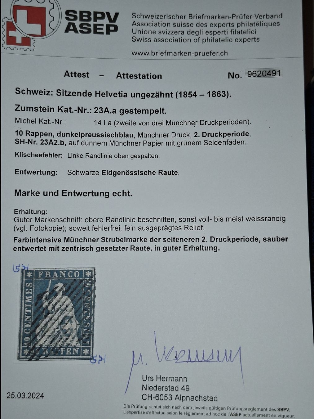 Alle Briefmarken: Strubel 23A2.b mit Attest kat. 950.- – Gebraucht aus Balgach von SIMEON27 2