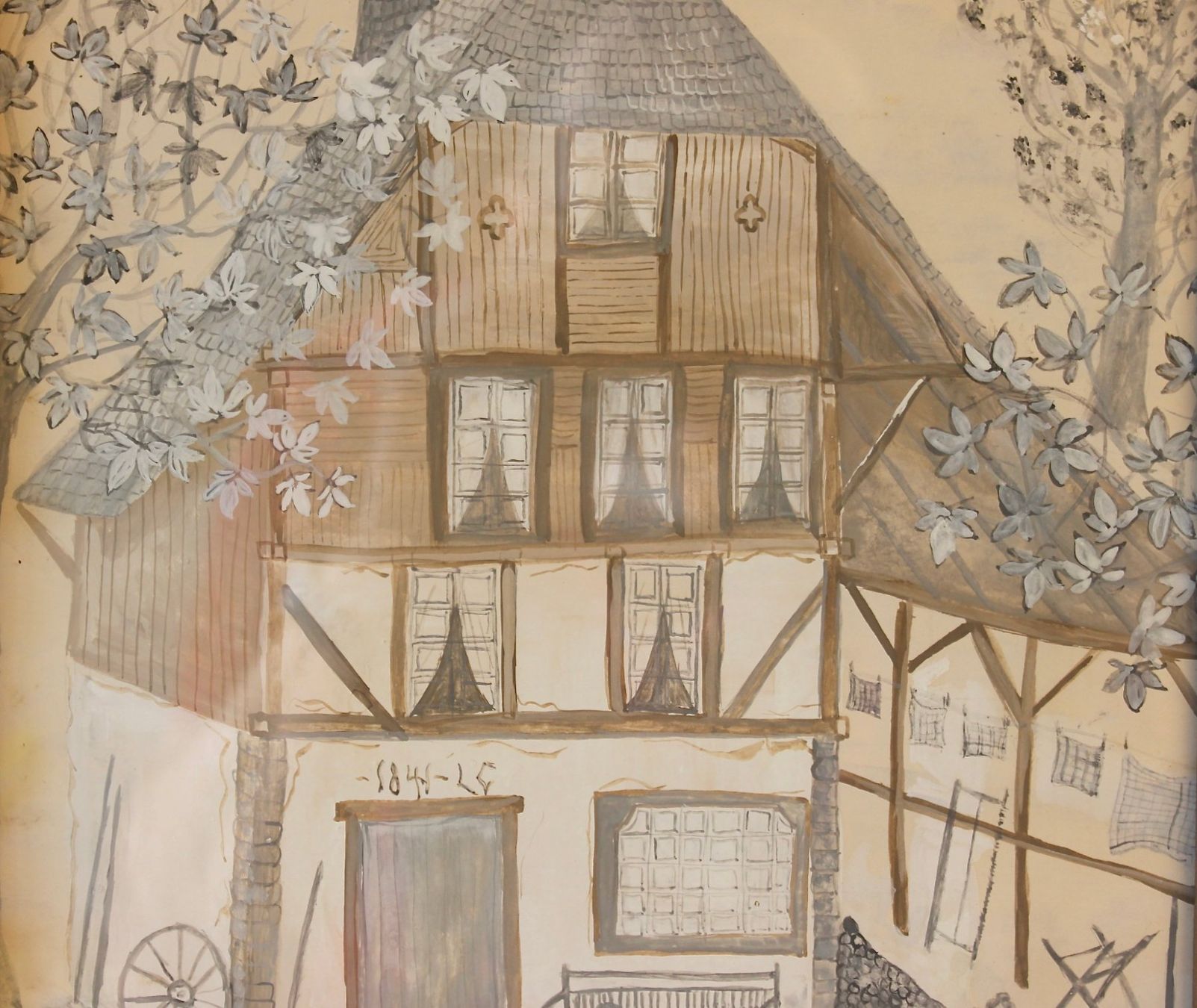 Dipinti: NAIVE BLEISTIFTZEICHNUNG, BAUERNHOF, DATIERT 1841 ? – Usato da Grandcour venduto da Flowerstyle 2