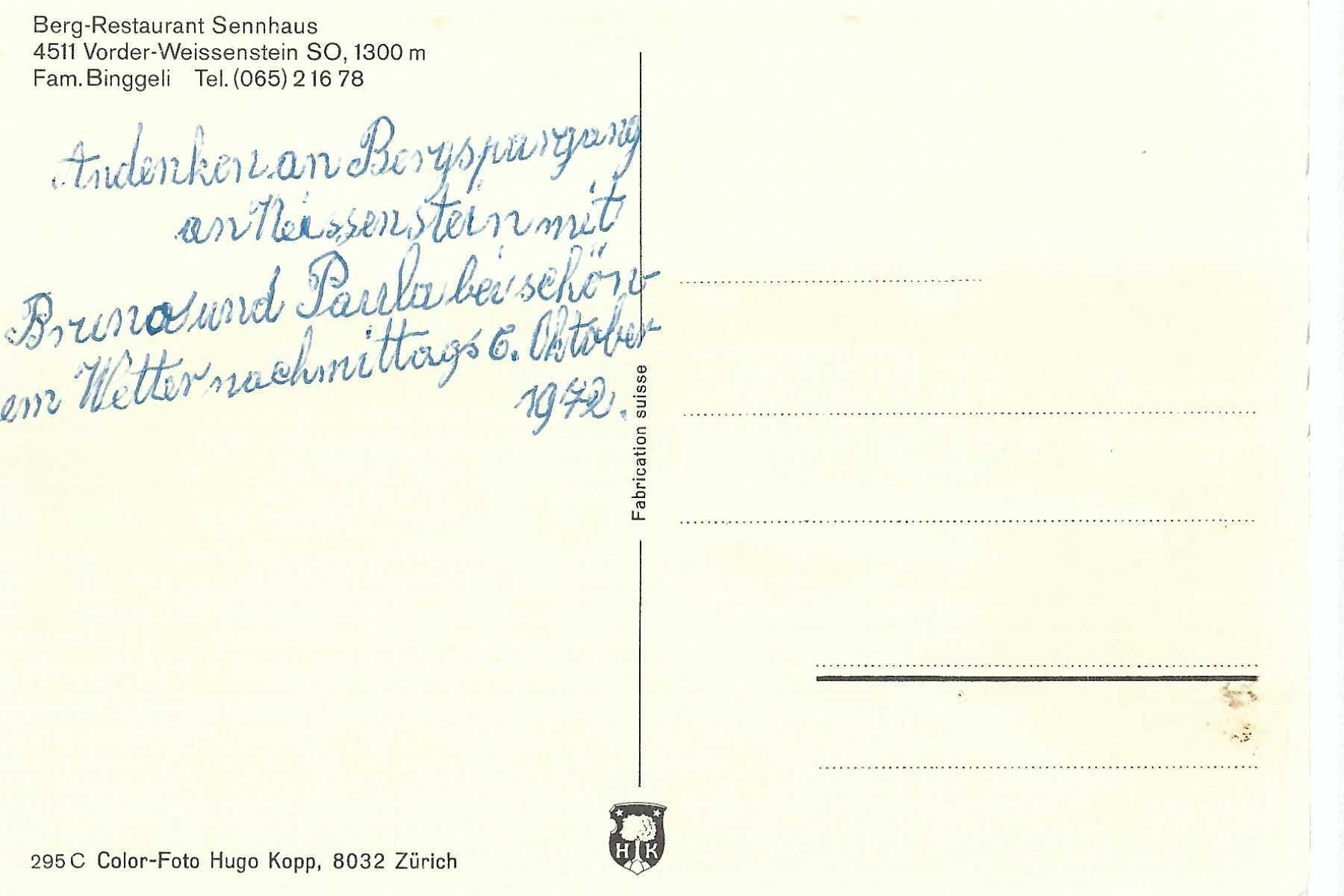 Cartoline postali: Weissenstein SO,  Berg-Restaurant Sennhaus, 1972 – Usato da Thun venduto da 44wart 1