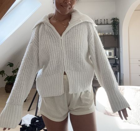 Damen Strickjacke Weiss Reissverschluss Kragen