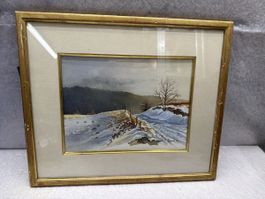 Winterliches Aquarellbild, signiert D. Rech '92, Goldrahmen