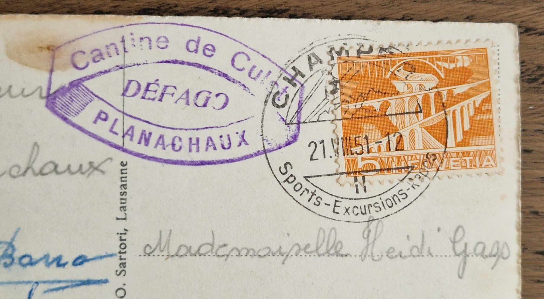 Cartoline postali: Planachaux, Le Ruan1951, timbre cantine, Defago – Usato da Ebikon venduto da Donar50 2