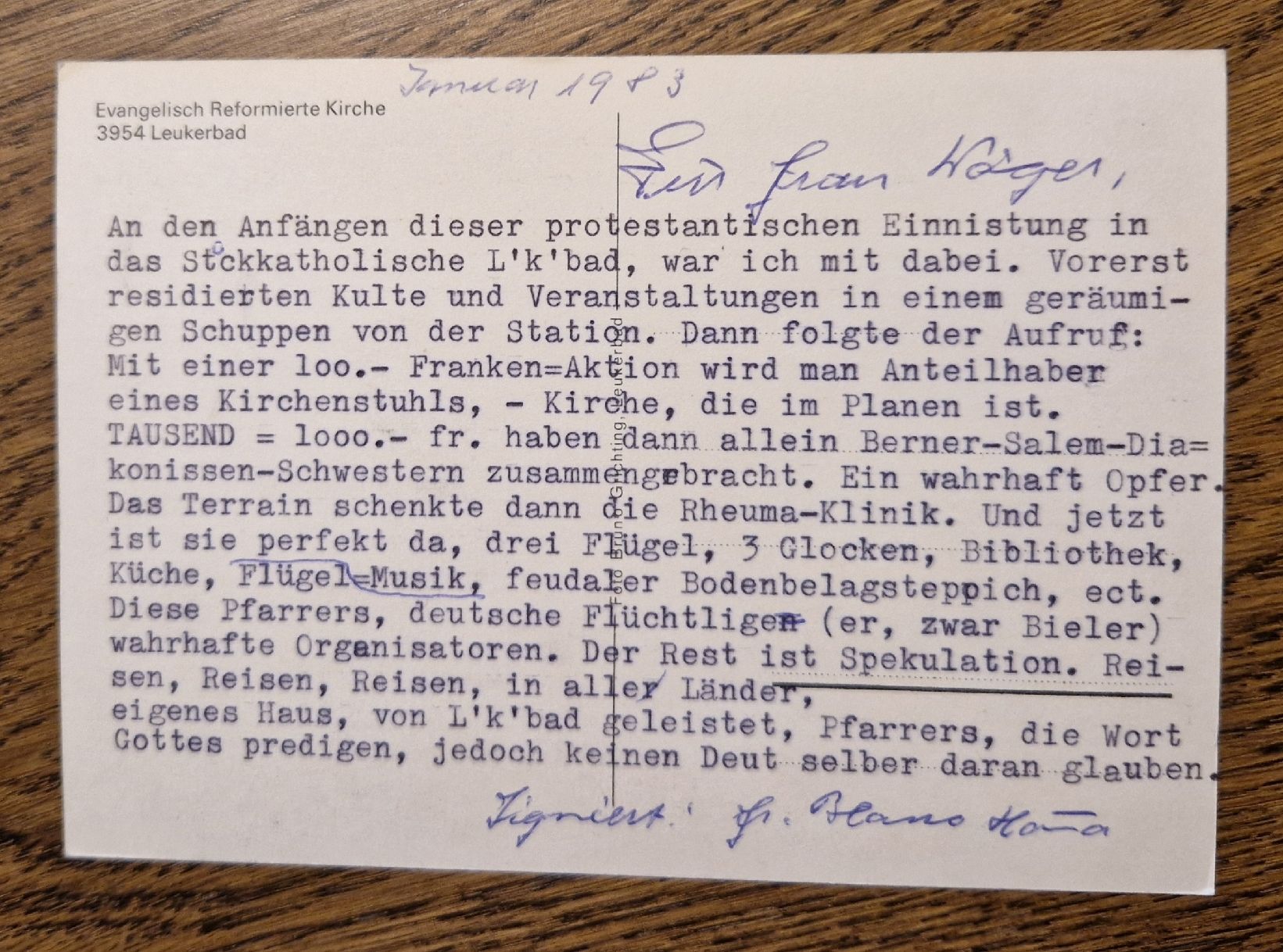 Cartoline postali: Spannendes zur Evang. Ref. Kirche in Leukerbad 1983 – Usato da Ebikon venduto da Donar50 1