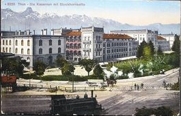 THUN Die Kasernen mit Stockhornkette - Pferde-Fuhrwerk