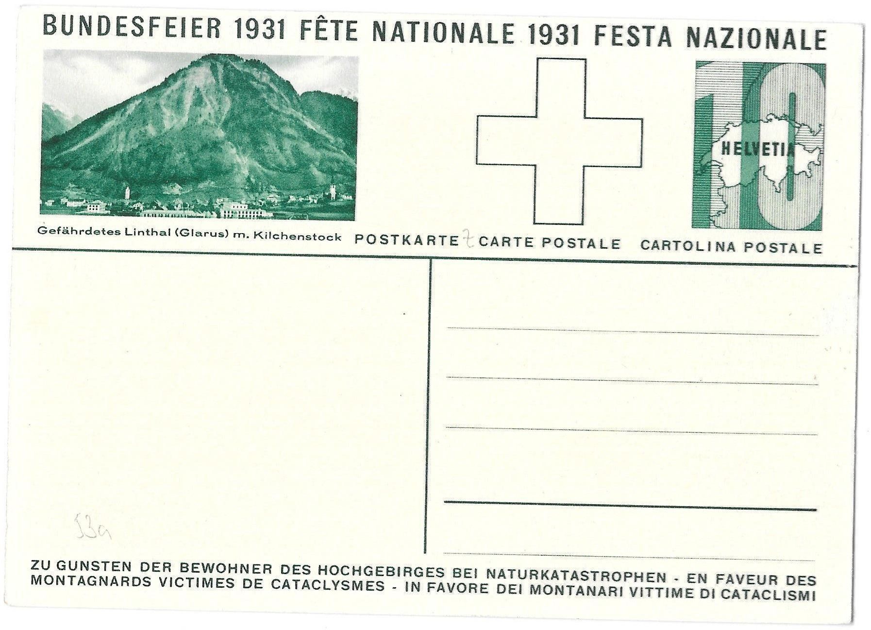 Tutti i francobolli: Bundesfeier-Postkarte N. 53a ** gefährdetes Linthal 1931 – Nuovo (secondo la descrizione) da Olten venduto da clotaldi 1