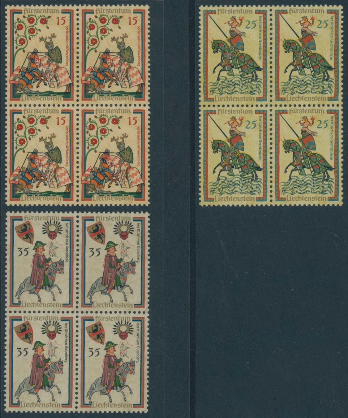 Tous les timbres: FL - 1961 - Minnesänger I - Viererblock - postfrisch ** – Neuf (Voir description) à Schindellegi par leecollect 1