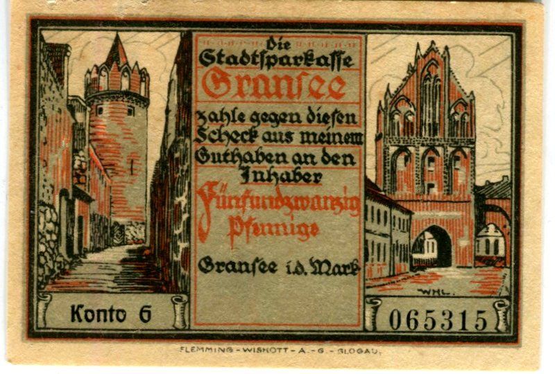 Banconote: Notgeld "25 Pfennig. Gransee" – Usato da Basel venduto da Butsch5 1