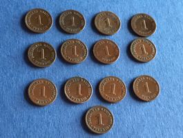 13 Münzen 1 Pfennig Deutsches Reich 1874-1900 A,D,E,F