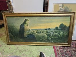 Wandbild Jesus als Hirte mit Schafen Goldrahmen alt 62 x 125