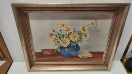 Gemälde Blumenstrauss mit Buch und Schale gerahmt  (LG)