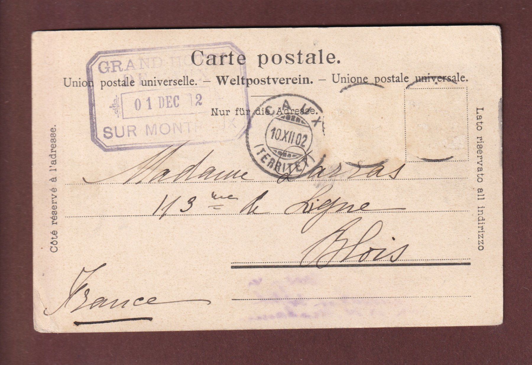Cartoline postali: Grand Hôtel de CAUX - 1902 – Usato da Pully venduto da nicecards 1