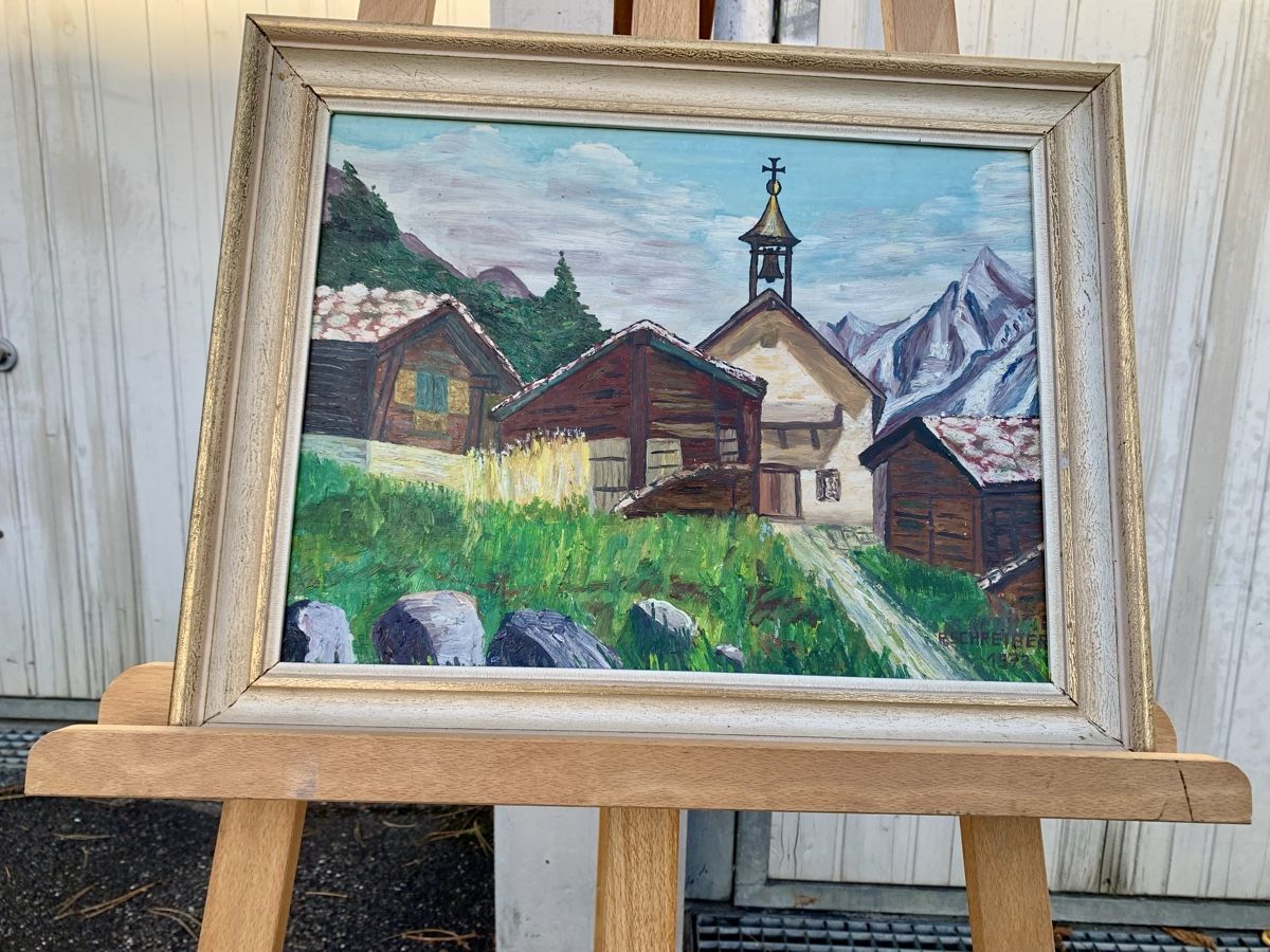 Dipinti: Gemälde R.Schreiber 1973, Schweizer Bergdorf, Original! – Usato da Wallisellen venduto da Died 3