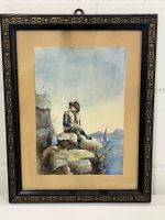 Vintage gerahmte Aquarellmalerei - Küstenszene Kunst