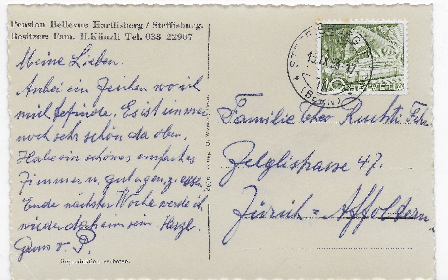 Cartoline postali: Pension Bellvue Hartlisberg / Steffisburg – Usato da Hefenhofen venduto da Richsalz 1