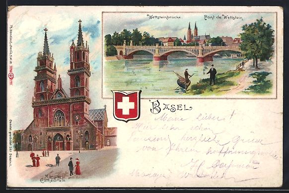 Cartoline postali: Litho Basel, Münster, Wettsteinbrücke – Usato da Berlin venduto da bartko-reher