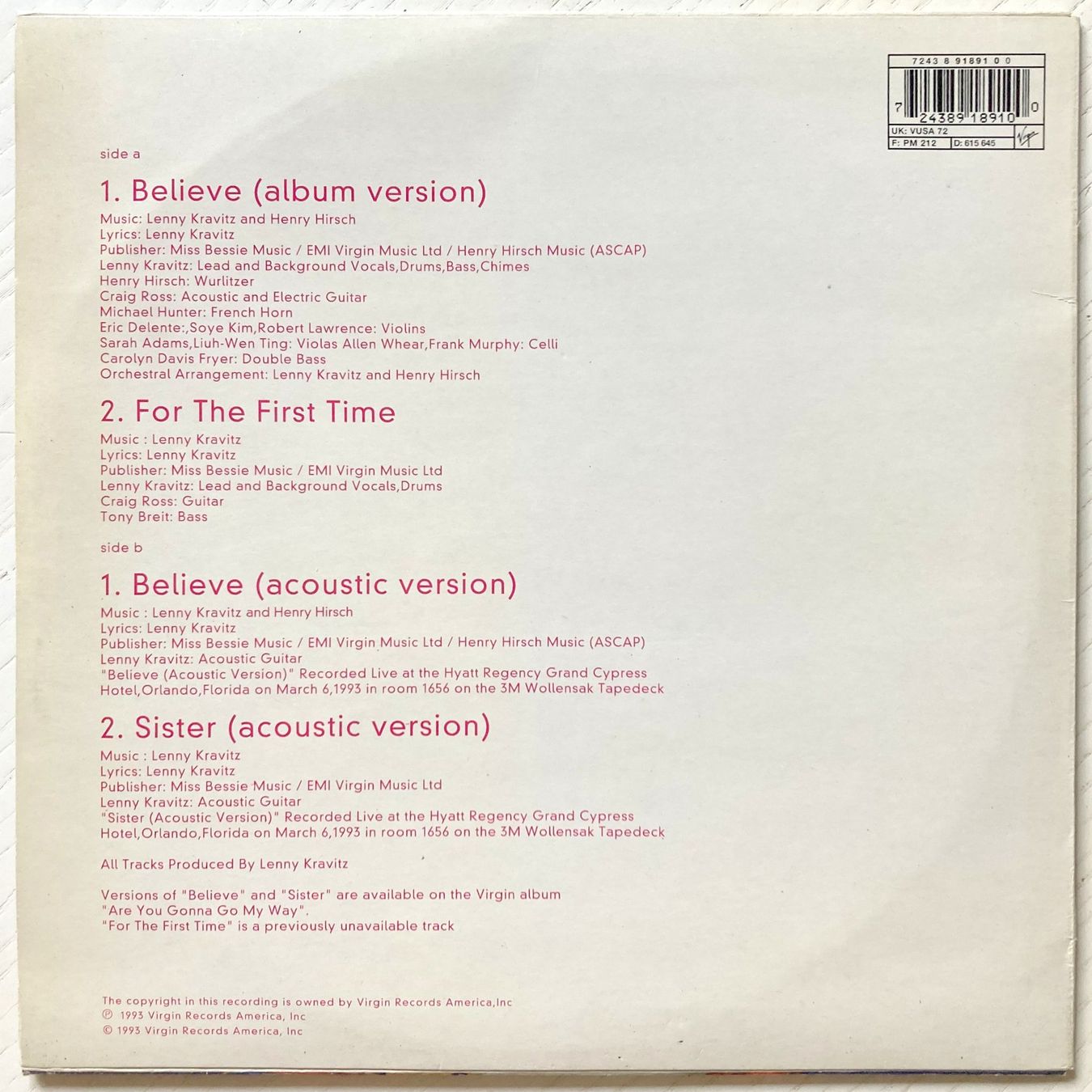 Dischi in vinile: LENNY KRAVITZ - BELIEVE – Usato da Bottens venduto da hotter-than-hell 2