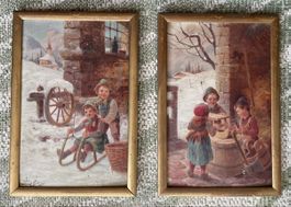 Ludwig Schweiger paire tableaux anciens enfants luge neige