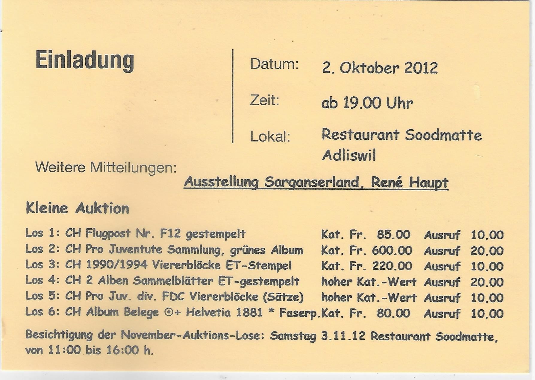 Tutti i francobolli: Werbestempel Stetten SH 8.9.2012 – Usato da Ettingen venduto da Kartenplanet 1