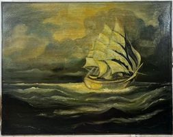 Ölgemälde Seestück 1946 – Segelschiff im Sturm (J. Röösli?)