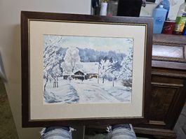Aquarell Bild Winterlandschaft gerahmt 63x58cm
