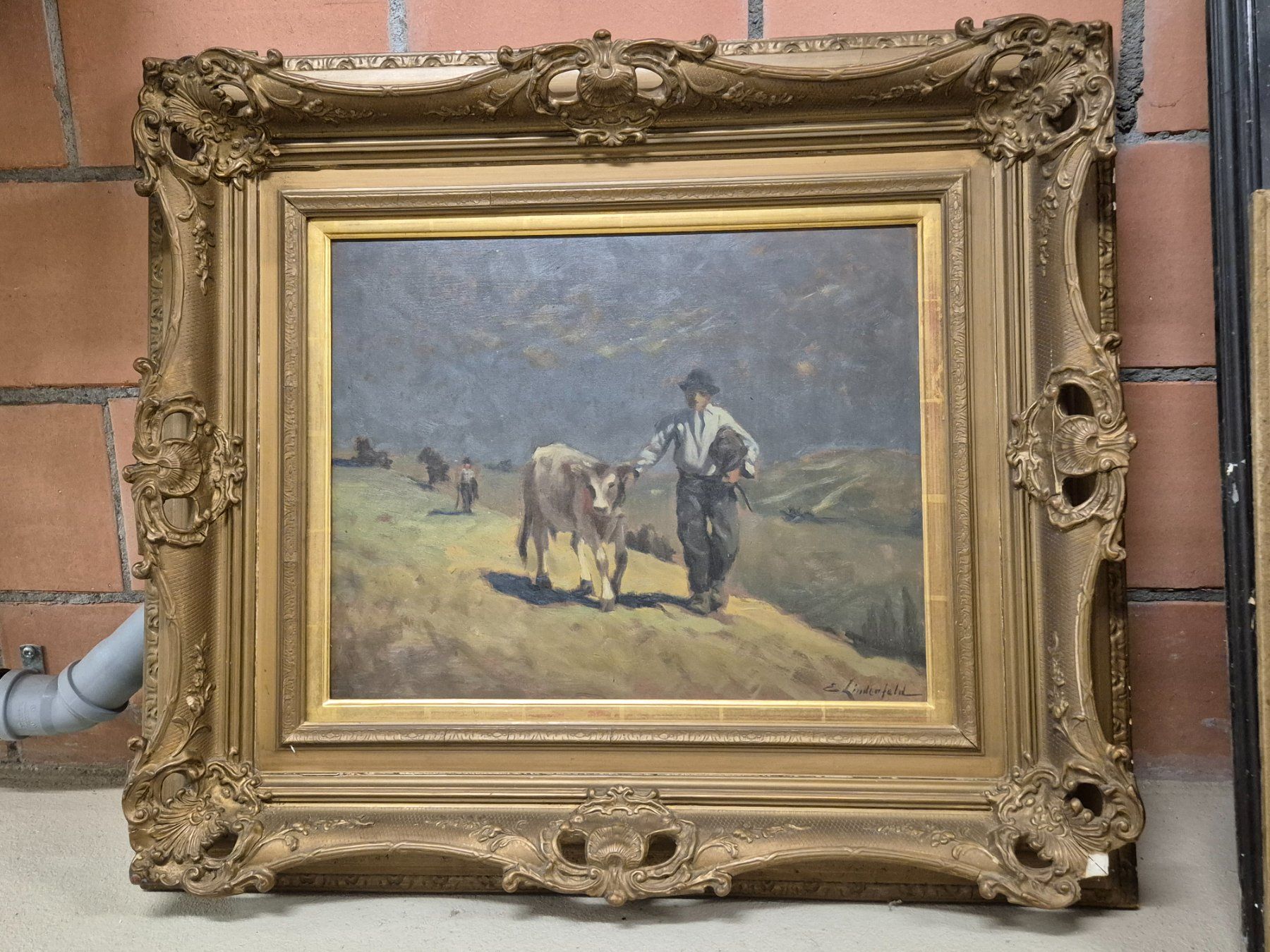 Dipinti: "Bauer mit Kuh" Gemälde von Emil Lindenfeld – Usato da Obermumpf venduto da trudiundrolf