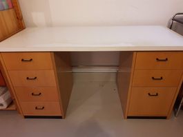 Praktischer Schreibtisch (Holz/Weiss) mit acht Schubladen