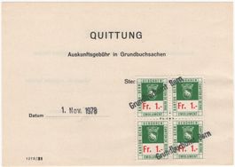 1 Fr. Fiskalmarke vom Kanton BERN - Viererblock auf Quittung