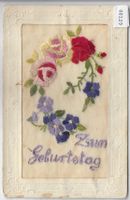 Zum Geburtstag - gestickte Karte - Blumen - Seidenkarte