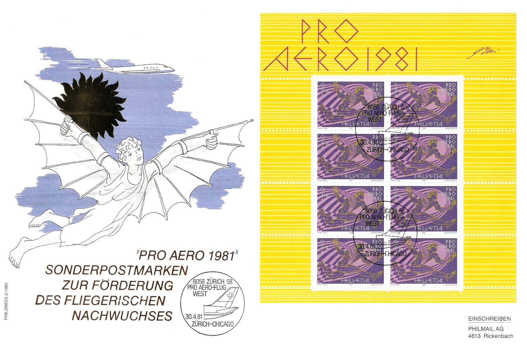 Tous les timbres: PRO AERO FLUGPOST 2 BOGEN 1981 CHICACO FLUG + ERSTTAG – D'occasion à Schlossrued par Aronliam 1