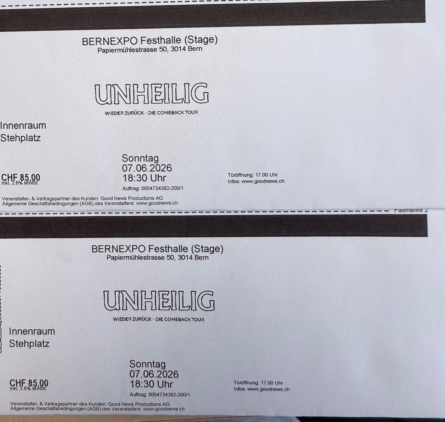 Billets: UNHEILLIG am 07.Juni 2026 in Bern – Neuf (Voir description) à Zürich par Elefaentchen74 1